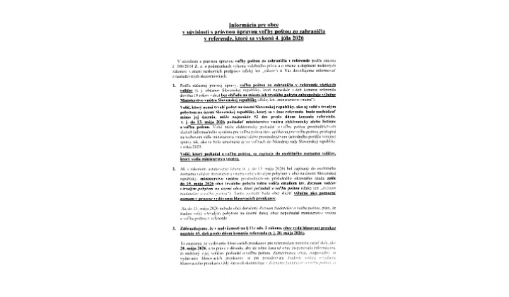 Info pre obce v súvislosti s právnou úpravou voľby poštou zo zahraničia v referende, ktoré sa vykoná 4. júla 2026