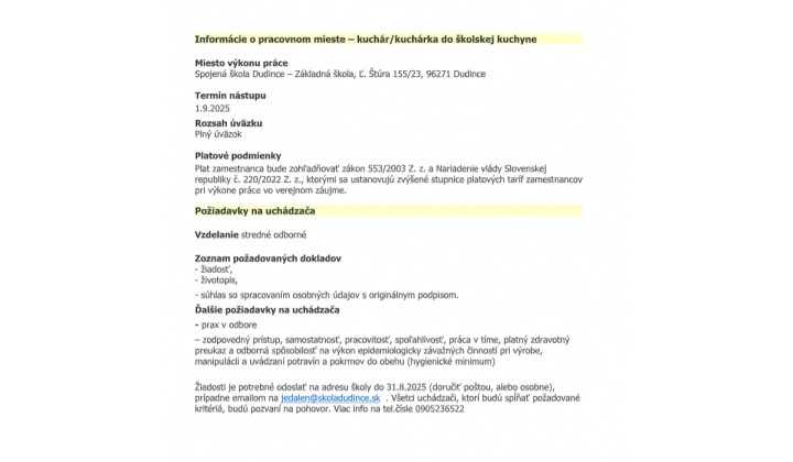 Fotka pre článok Informácia o voľnom pracovnom mieste 