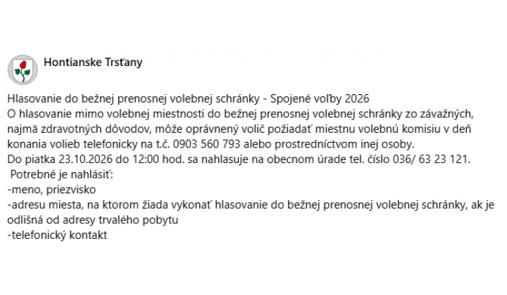 Fotka pre článok Možnosť nahlásiť si hlasovanie do prenosnej volebnej schránky