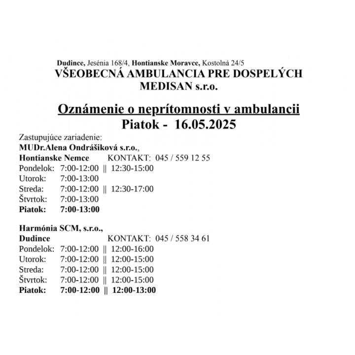 Menšia fotka pre článok Neprítomnosť v ambulancií MUDr. Uhrík 