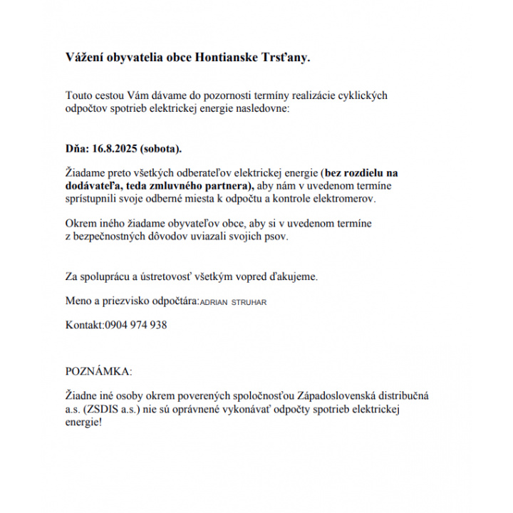 Menšia fotka pre článok Odpočet elektriny v obci 