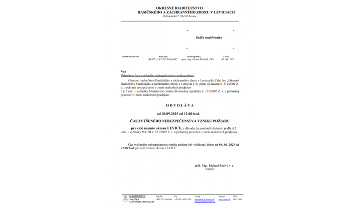 Fotka pre článok Odvolanie času zvýšeného nebezpečenstva vzniku požiaru 