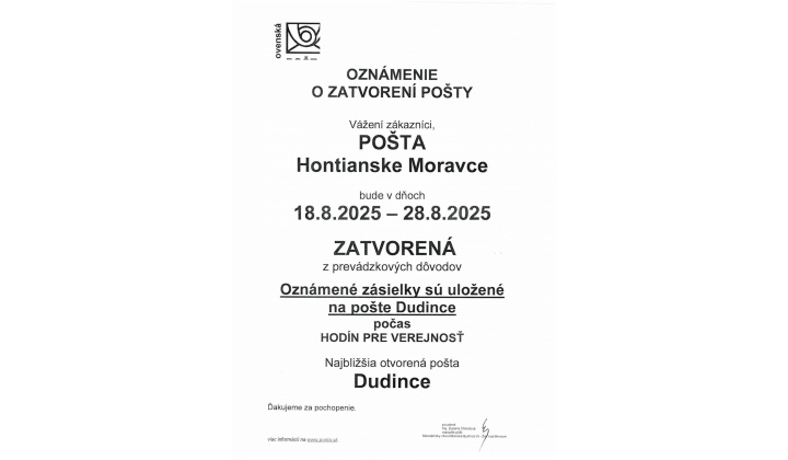Fotka pre článok Oznam o zatvorení pošty - Hontianske Moravce