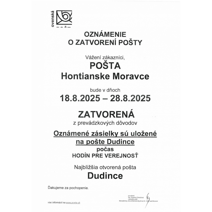 Menšia fotka pre článok Oznam o zatvorení pošty - Hontianske Moravce