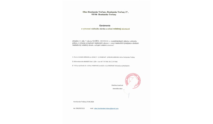 Fotka pre článok oznámenie o vytvorení volebného okru a určení volebnej miestnosti