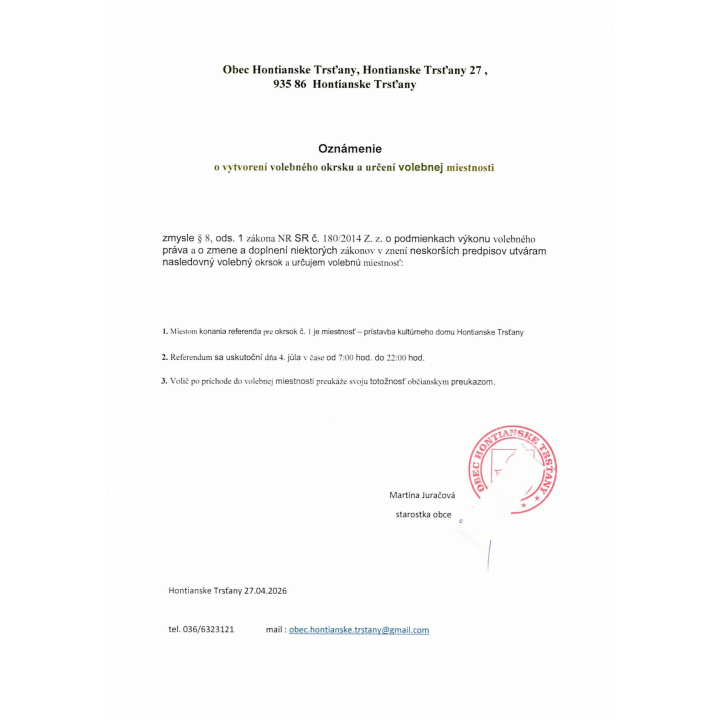 Menšia fotka pre článok oznámenie o vytvorení volebného okru a určení volebnej miestnosti